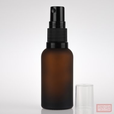 30ml Frosted Amber Glass Pharmacy Bottle with Black Atomiser and Clear Overcap