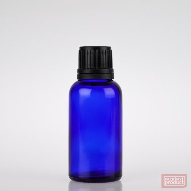 30ml Blue Glass Pharmacy Bottle with Black Tamper Cap