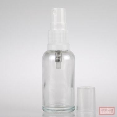 30ml Clear Glass Pharmacy Bottle with White Atomiser and Clear Overcap