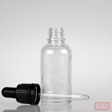 30ml Clear Glass Pharmacy Bottle with Black Dropper Tamper Cap