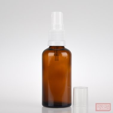 50ml Amber Glass Pharmacy Bottle with White Atomiser and Clear Overcap