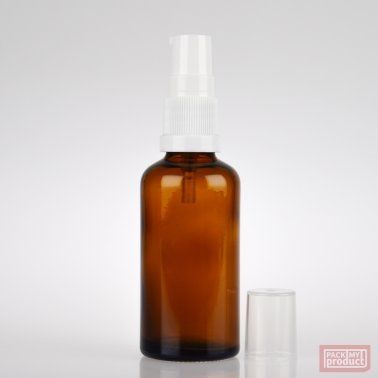 50ml Amber Glass Pharmacy Bottle with White Serum Pump and Clear Overcap