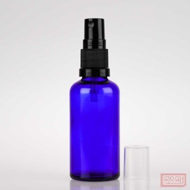 50ml Blue Glass Pharmacy Bottle with Black Atomiser and Clear Overcap