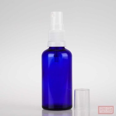50ml Blue Glass Pharmacy Bottle with White Atomiser and Clear Overcap