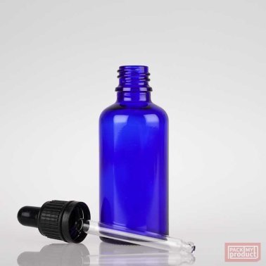 50ml Blue Glass Pharmacy Bottle with Black Dropper Tamper Cap