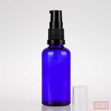 50ml Blue Glass Pharmacy Bottle with Black Serum Pump and Clear Overcap