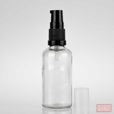 50ml Clear Glass Pharmacy Bottle with Black Serum Pump