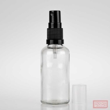50ml Clear Glass Pharmacy Bottle with Black Atomiser and Clear Overcap