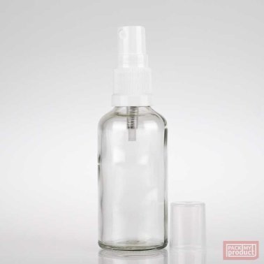 50ml Clear Glass Pharmacy Bottle with White Atomiser and Clear Overcap