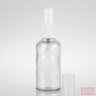 50ml Clear Glass Pharmacy Bottle with White Serum Pump and Clear Overcap