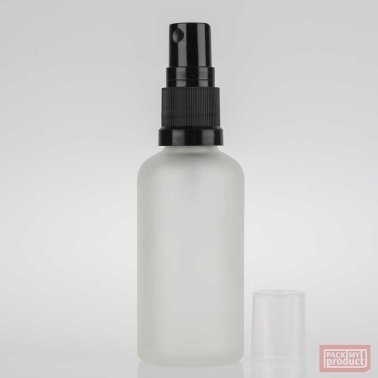 50ml Frosted Glass Pharmacy Bottle with Black Atomiser and Clear Overcap