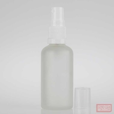 50ml Frosted Glass Pharmacy Bottle with White Atomiser and Clear Overcap