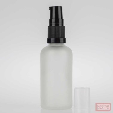 50ml Frosted Glass Pharmacy Bottle with Black Serum Pump and Clear Overcap
