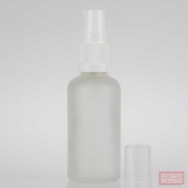 50ml Frosted Glass Pharmacy Bottle with White Serum Pump and Clear Overcap