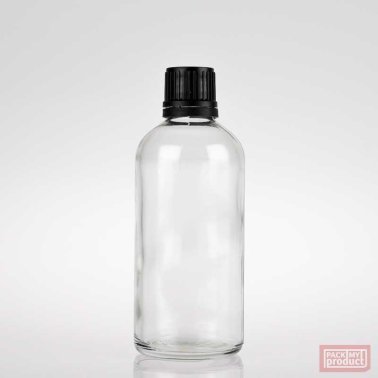 100ml Clear Glass Pharmacy Bottle with Black Tamper Cap