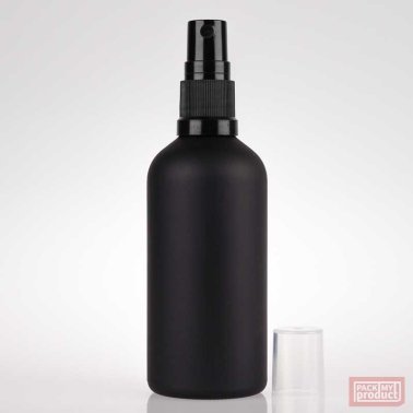 100ml Matt Black Glass Pharmacy Bottle with Black Atomiser and Clear Overcap