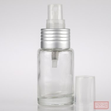 30ml Clear Glass Round Bottle with Matt Silver Atomiser and Clear Overcap