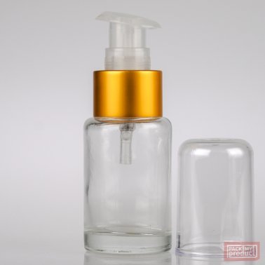 30ml Clear Glass Round Bottle with Matt Gold Lotion Pump and Clear Overcap
