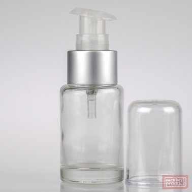 30ml Clear Glass Round Bottle with Matt Silver Lotion Pump and Clear Overcap