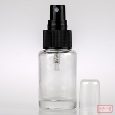30ml Clear Glass Round Bottle with Black Atomiser and Clear Overcap