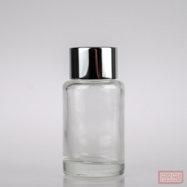 30ml Clear Glass Round Bottle with Shiny Silver Wadded Cap