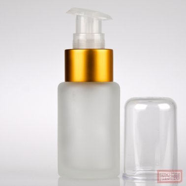 30ml Frosted Glass Round Bottle with Matt Gold Lotion Pump and Clear Overcap