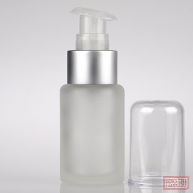 30ml Frosted Glass Round Bottle with Matt Silver Lotion Pump