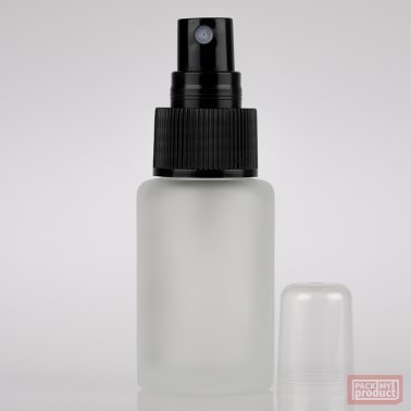 30ml Frosted Glass Round Bottle with Black Atomiser and Clear Overcap