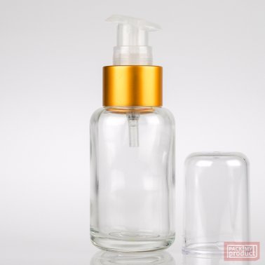 50ml Clear Glass Round Bottle with Matt Gold Lotion Pump and Clear Overcap