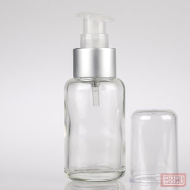50ml Clear Glass Round Bottle with Matt Silver Lotion Pump and Clear Overcap