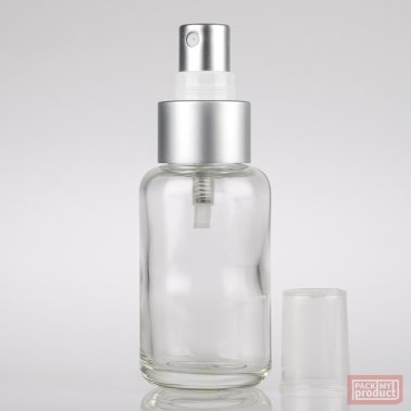 50ml Clear Glass Round Bottle with Matt Silver Atomiser and Clear Overcap