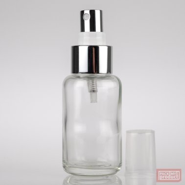 50ml Clear Glass Round Bottle with Shiny Silver Atomiser and Clear Overcap