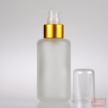 100ml Frosted Glass Round Bottle with Matt Gold Lotion Pump and Clear Overcap
