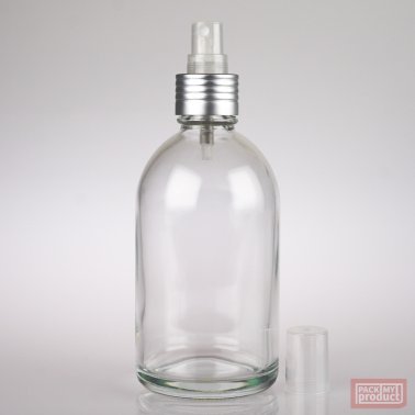 French Pharmacy Bottle Clear Glass with Matt Silver Atomiser and Clear Overcap
