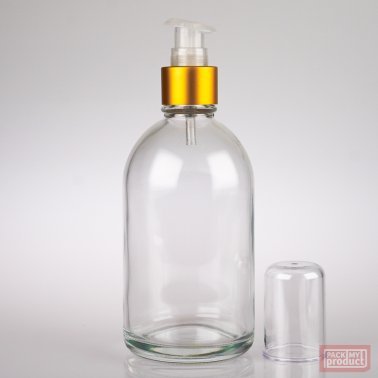 French Pharmacy Bottle Clear Glass with Matt Gold Lotion Pump and Clear Overcap