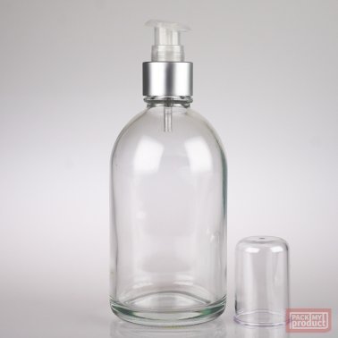 French Pharmacy Bottle Clear Glass with Matt Silver Lotion Pump and Clear Overcap