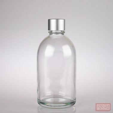 French Pharmacy Bottle Clear Glass with Matt Silver Wadded Cap