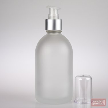 French Pharmacy Bottle Frosted Glass with Matt Silver Lotion Pump and Clear Overcap