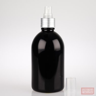 French Pharmacy Bottle Gloss Black with Matt Silver Atomiser and Clear Overcap