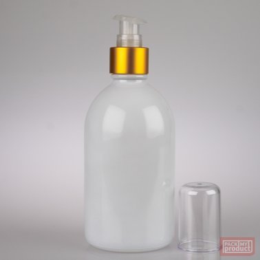 French Pharmacy Bottle Gloss White with Matt Gold Lotion Pump and Clear Overcap