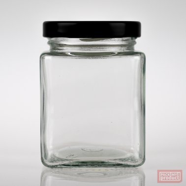 200ml Square Clear Glass Food Jar with 58mm Black Twist Cap