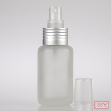50ml Frosted Glass Round Bottle with Matt Silver Atomiser and Clear Overcap