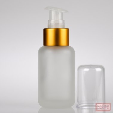 50ml Frosted Glass Round Bottle with Matt Gold Lotion Pump and Clear Overcap