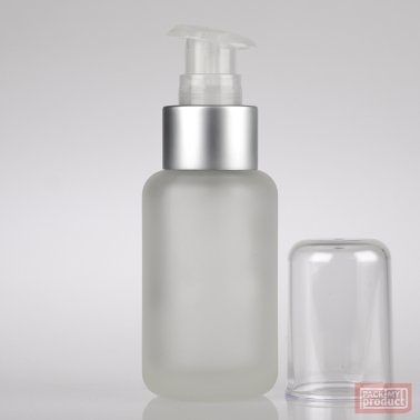 50ml Frosted Glass Round Bottle with Matt Silver Lotion Pump and Clear Overcap