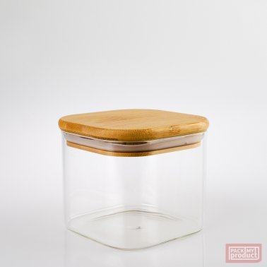 370ml Tall Square Clear Glass Jar with Bamboo and Silicon Lid