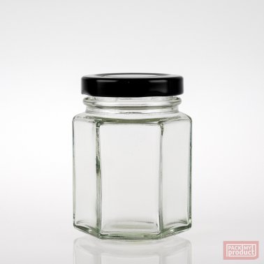 110ml Hexagonal Clear Glass Food Jar with 48mm Black Twist Cap
