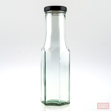 250ml Hexagonal Clear Glass Sauce Bottle with 43mm Black Twist Cap