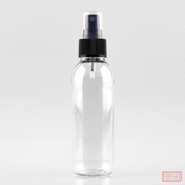 125ml Tall Clear PET Plastic Pharmacy Bottle with Black Atomiser and Clear Overcap