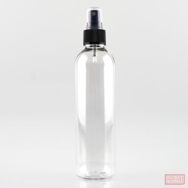 250ml Tall Clear PET Plastic Pharmacy Bottle with Black Atomiser and Clear Overcap
