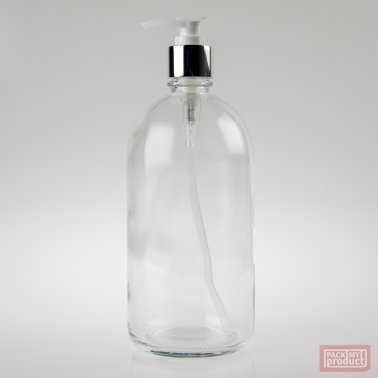 500ml Clear Glass French Pharmacy Bottle with Shiny Silver Lotion Pump